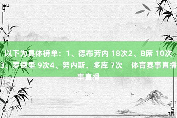 以下为具体榜单：1、德布劳内 18次2、B席 10次3、罗德里 9次4、努内斯、多库 7次    体育赛事直播